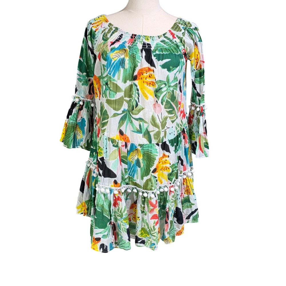 True Destinations Tropical Mini Dress Womens XS Green Multi Excellent Pom Pom